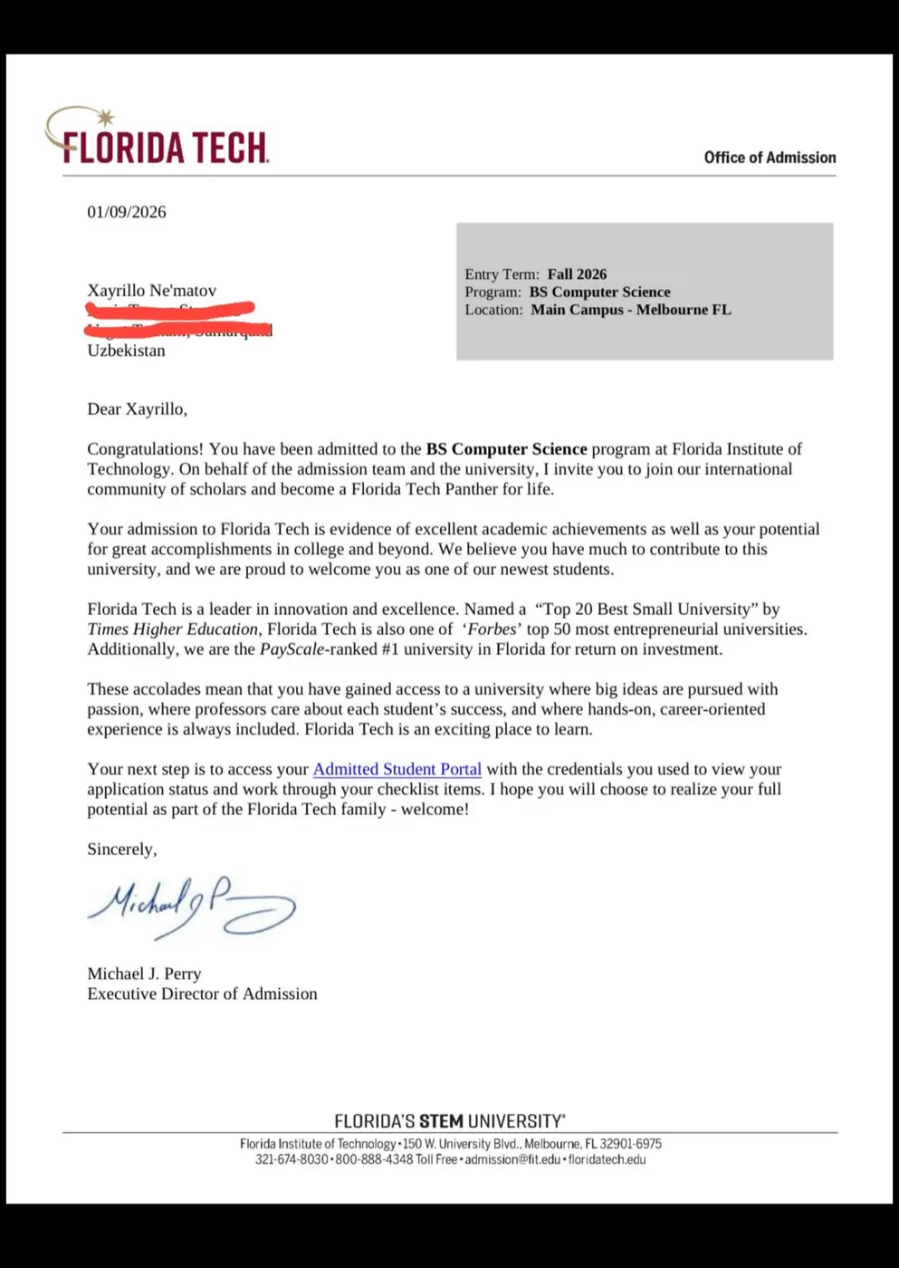 Florida Tech admission letter for Xayrillo Ne'matov