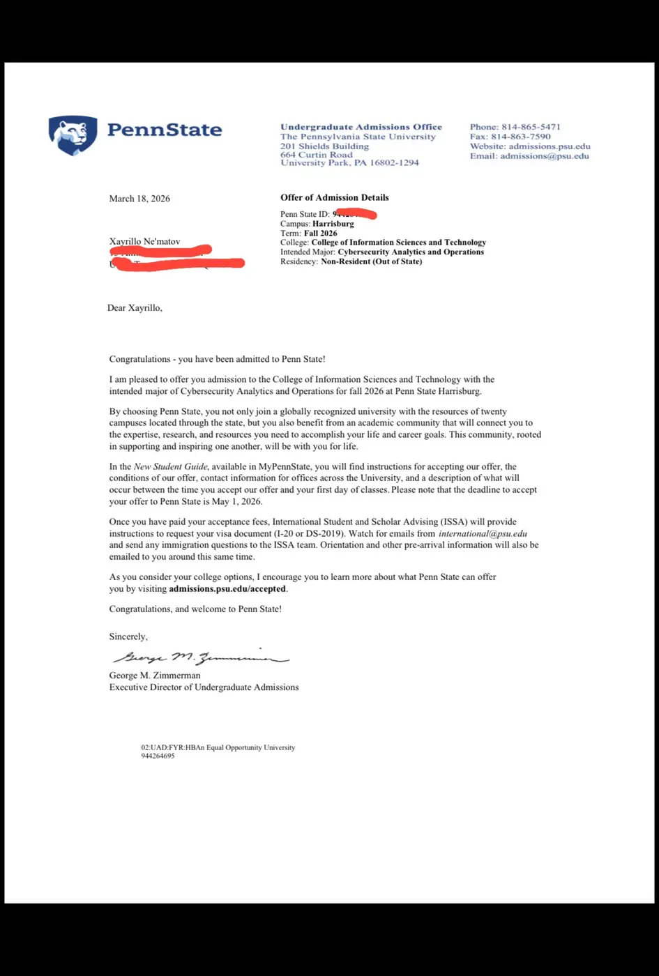 Penn State Harrisburg admission letter for Xayrillo Ne'matov