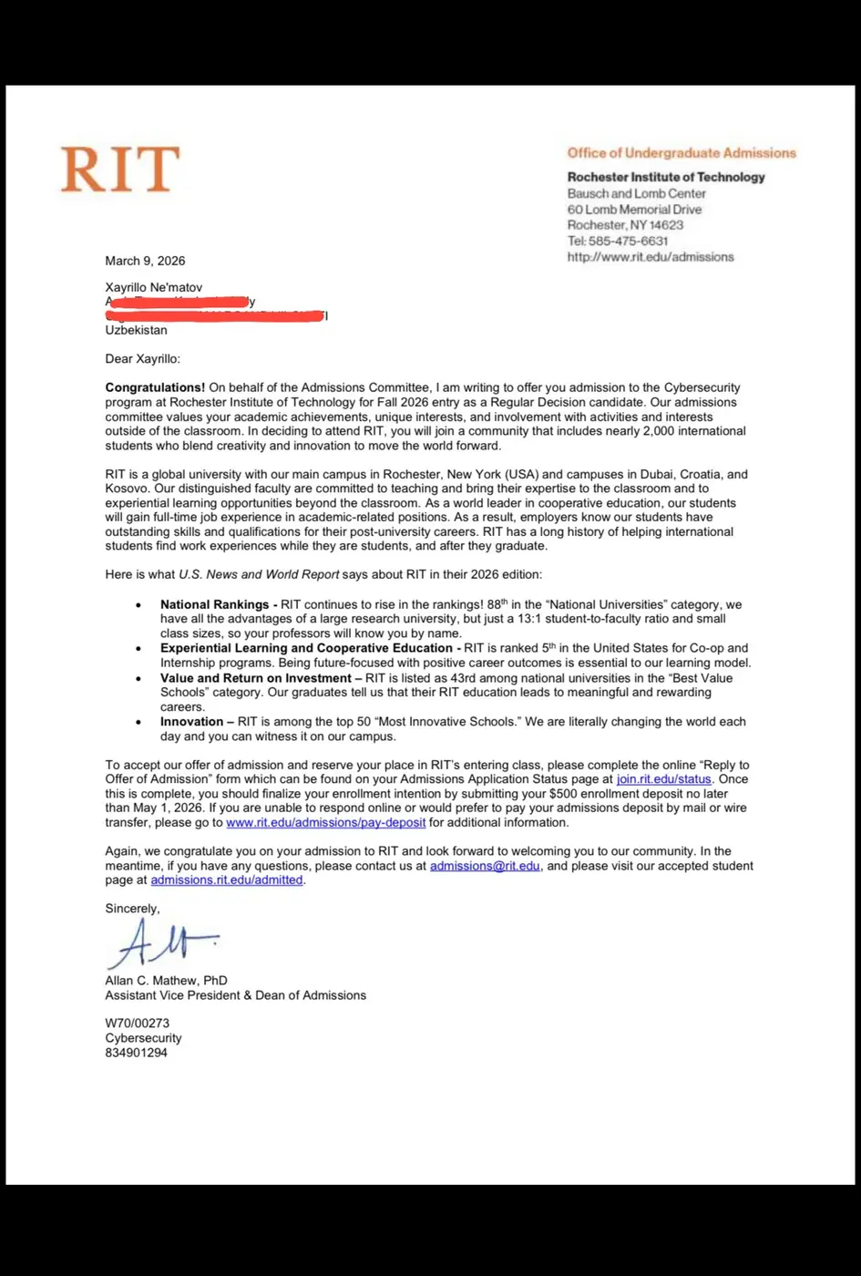 RIT admission letter for Xayrillo Ne'matov